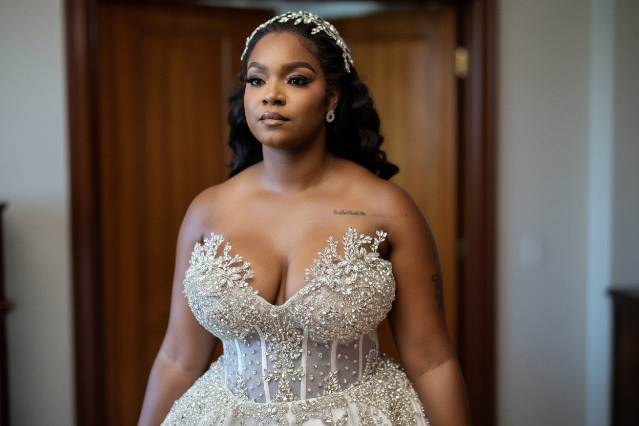 Woman in a sparkling dress with makeup application